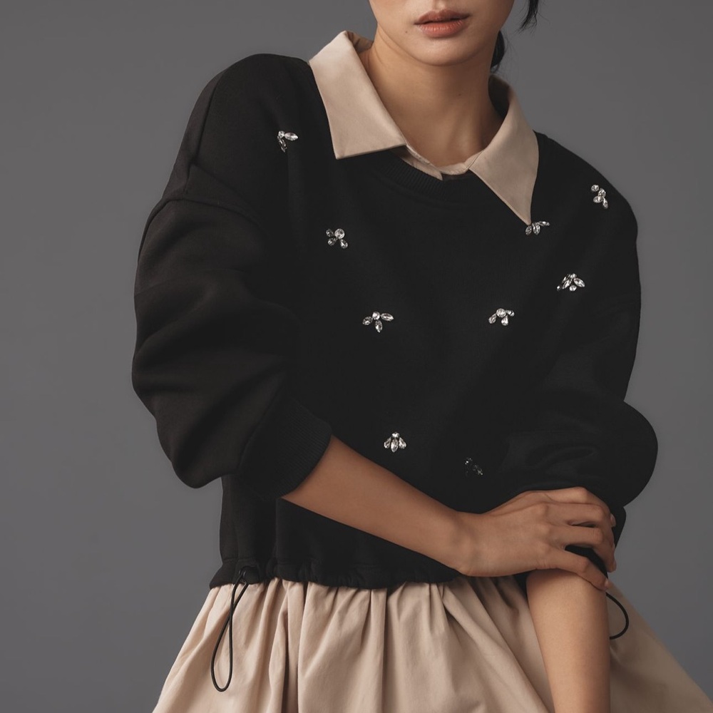 Anthropologie Black and Cream Chunky Knit Sweater with Embellishments